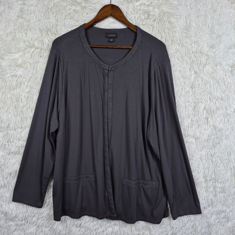 J. Jill Wearever Gray Cardigan Hook Eye Cape Pockets 3X Womens Minimalist